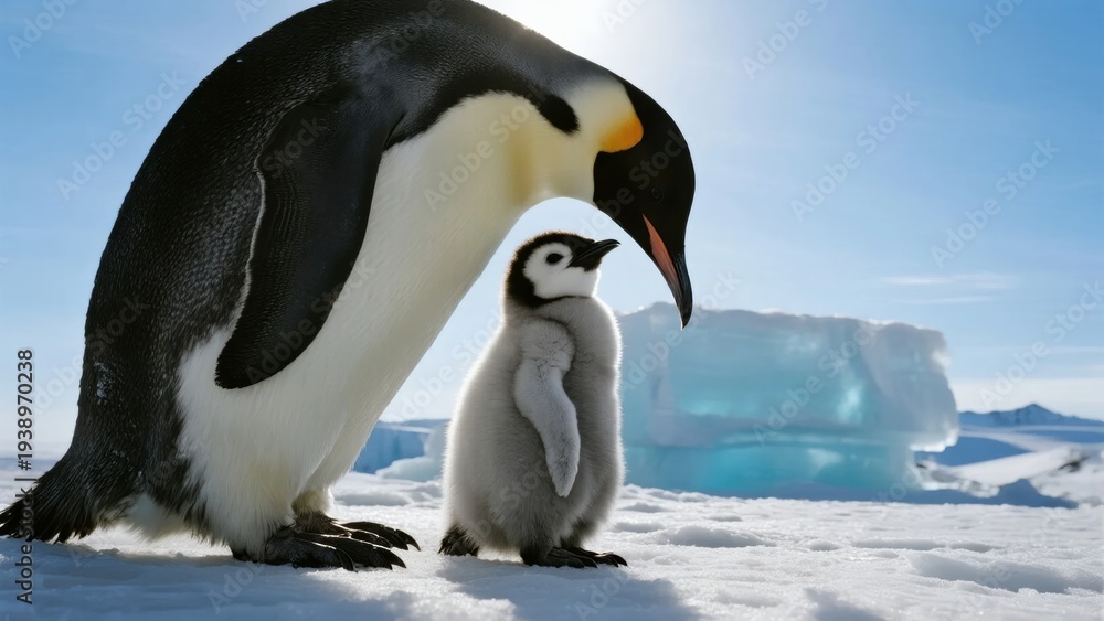 Obraz premium Adult emperor penguin standing with its chick on snowy Antarctic ice, with icebergs in the background
