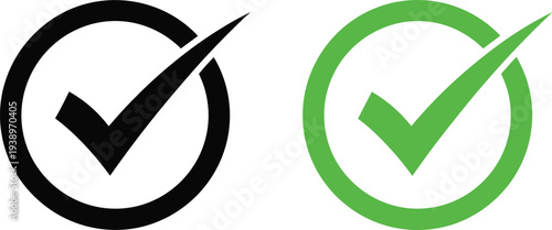 Black and green check mark icons in circles vector set for success approval validation quality control and completed task checkbox symbols.