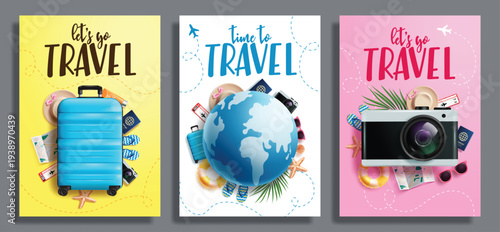 Let's go Travel and Travel time clipart poster set design. Time to Travel and let's go Travel text clip art with luggage bag, globe, camera and other summer and traveler elements in colorful