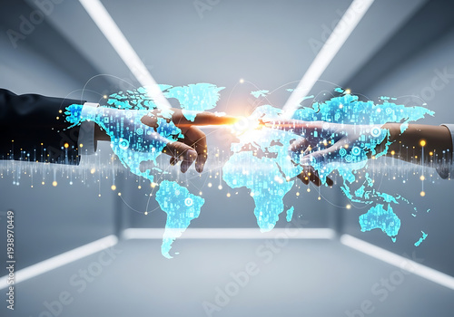 Digital Diplomacy and International Negotiation Concept with Holographic World Map, Global Agreement and Collaboration in Modern Politics
