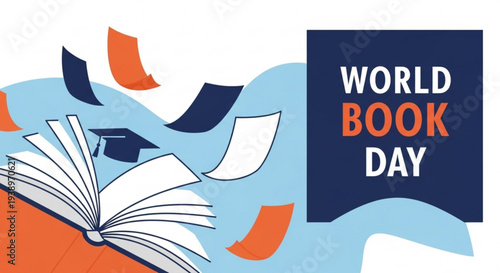 World book day illustration with open book graduation cap and flying pages on blue background