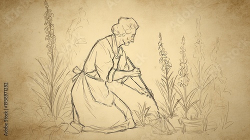 Line drawing of an elderly woman gardening amongst tall flowering plants
