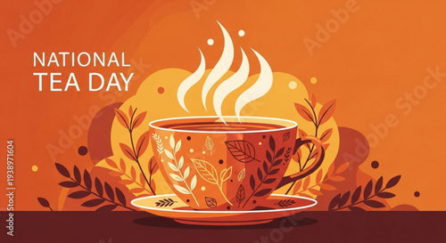 Warm steaming tea cup with saucer on national tea day with leaves and steam on orange background