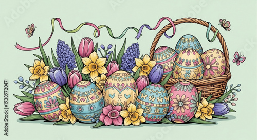 Colorful easter eggs in a basket with spring flowers and ribbons on a light green background