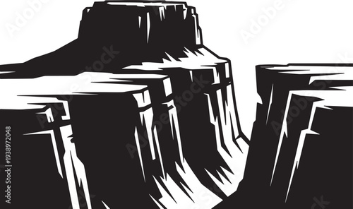 Canyon valley silhouette with massive rock plateaus and steep cliff walls in desert landscape design vector illustration