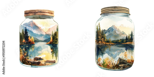 beautiful lake scene in jar watercolor vector illustration