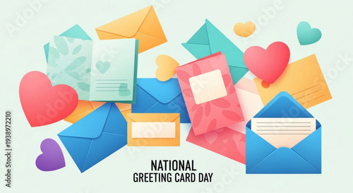 Colorful envelopes and hearts celebrate national greeting card day with love letters and cards