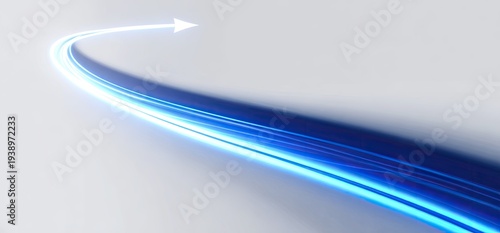 A bright white arrow curves upward, leaving a trail of blue light streaks
