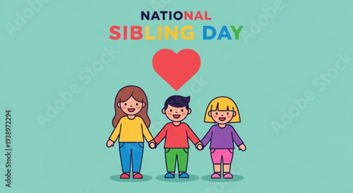 National sibling day illustration with diverse kids holding hands and heart symbol on teal background