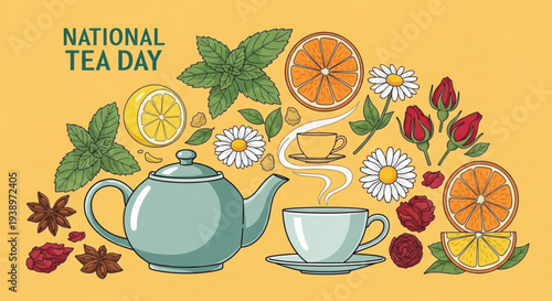 National tea day celebration with teapot cup and herbal ingredients on yellow background