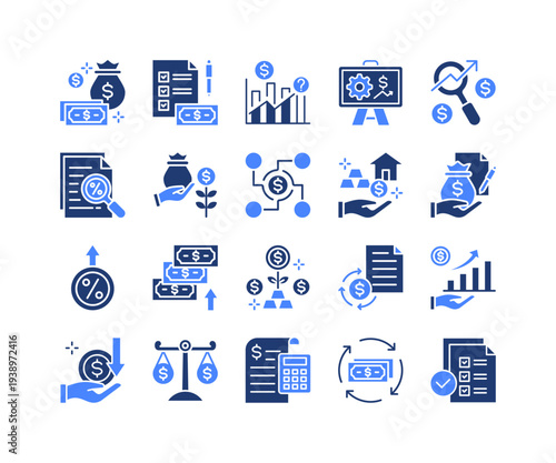 Strategic Finance Icon Collection,  featuring Corporate Finance, Investment Strategy, Asset Management, Loan Funding, Revenue Growth, Accounting Balance, Transaction Audit.