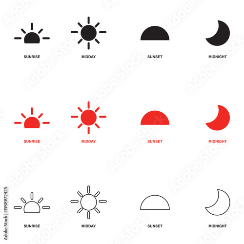 Time of Day icon. Minimal vector icon set showing sunrise, midday, sunset and midnight with sun and moon symbols in solid, colour and outline styles.
