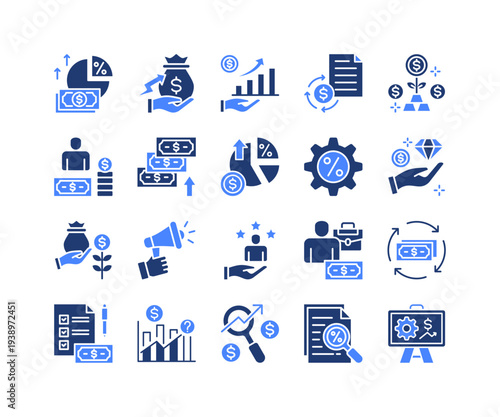 Profit Strategy Icon Collection,  featuring Profit Margin, ROI, Earnings, Yield, Percentage, Client, Analysis.