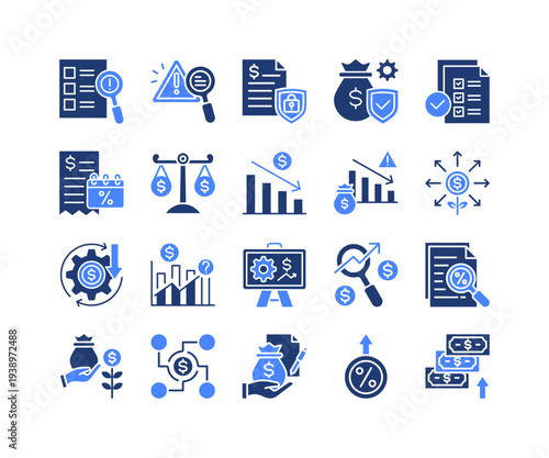 Financial Risk Icon Collection,  featuring Security, Solvency, Tax, Loan, Operational Expense, Risk Analysis, Forecast.