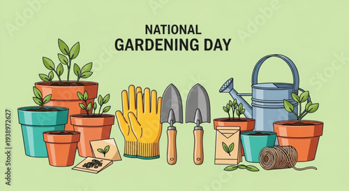 National gardening day illustration with potted plants gardening tools and accessories on green background