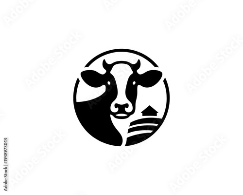 Cow Head Logo with Farm and Barn Dairy Farming Symbol Livestock Agriculture