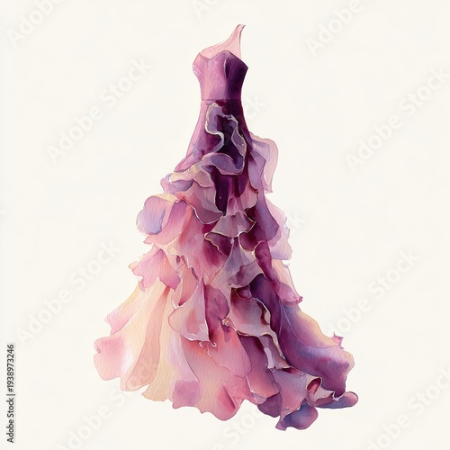 Flowing, layered gown with delicate ruffles and iridescent hues