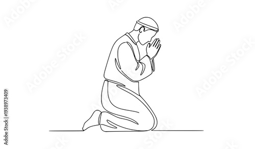 Continuous one line drawing Christian prayer kneeling person faith outline vector illustration