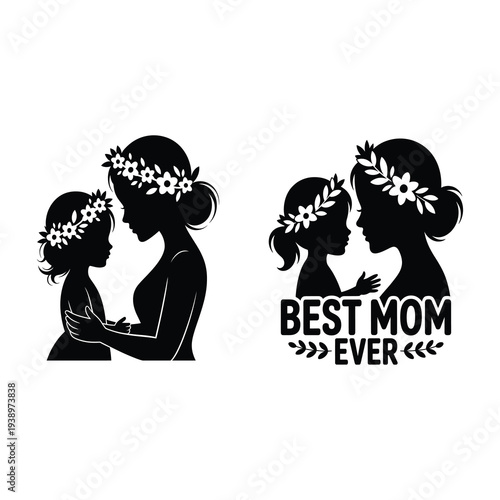Cute girl wearing a delicate flower crown her mother with “BEST MOM EVER” text.