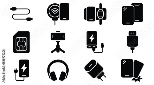 Mobile phone accessories and smart device icons, set of electronic gadget symbols