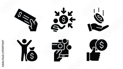 Set of finance icons, hand holding money and check, saving and earning, payment