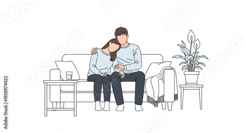 A young couple sits closely together on a comfortable sofa in a minimalist living room, with the woman resting her head on the man's shoulder.