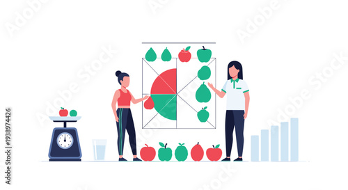 Two women analyze a large pie chart comparing food portions, with a weighing scale, apples, and pears nearby, illustrating the concepts of nutrition, diet planning, and healthy lifestyle choices.