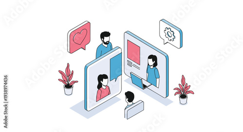 An isometric illustration shows people communicating and interacting online through social media platforms on large digital screens.