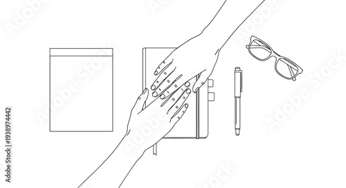 A top-down line art illustration shows two hands resting on a closed journal, with a pen and glasses placed beside it on a desk.