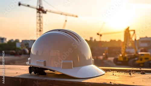 Hard hat on a construction site at sunset with equipment