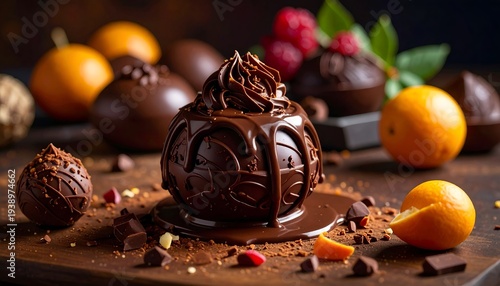 Decadent chocolate dessert with fruit and cocoa powder