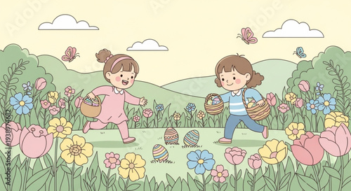 Children enjoying Easter egg hunt in a vibrant vector flower field illustration