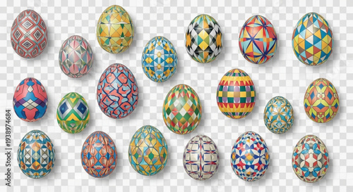 A vibrant collection of intricately designed Easter eggs displayed together in a vector illustration