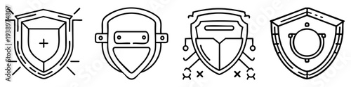 Shield Icons Vector Line Art Four Monochrome Emblems for Logos