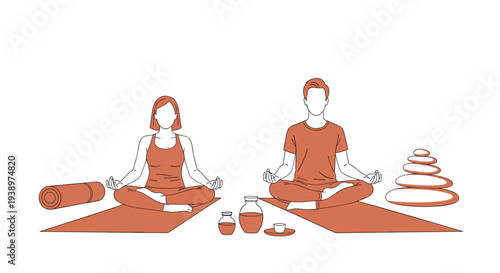 A man and a woman meditate in the lotus position on yoga mats, surrounded by balanced stones, a tea set, and another mat.