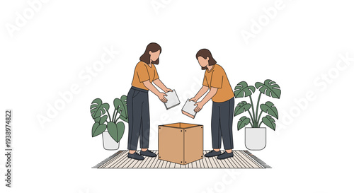 A woman is shown in two sequential poses, packing papers into a cardboard box on a rug, getting ready to move out.