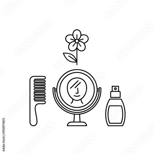 Line art beauty accessories comb mirror flower spray bottle
