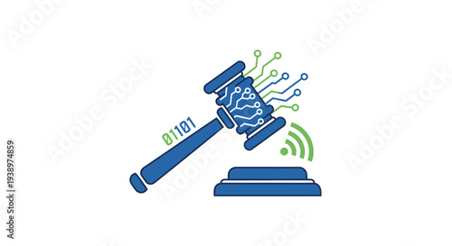 Cyber law gavel with circuit board and wireless signal icon