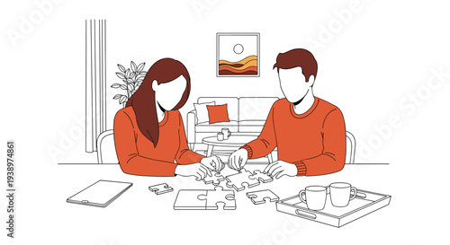 A couple wearing orange sweaters works together on a jigsaw puzzle at a table in their cozy, minimalist living room.