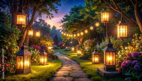 Enchanting garden path illuminated by lanterns at twilight