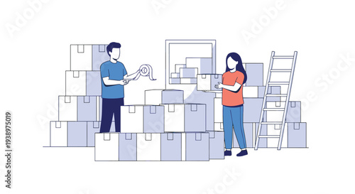 A couple works together packing or unpacking cardboard boxes with a tape dispenser and a ladder during a home move.