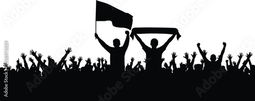 Silhouette of a crowd of people celebrating with raised arms and a flag on white background