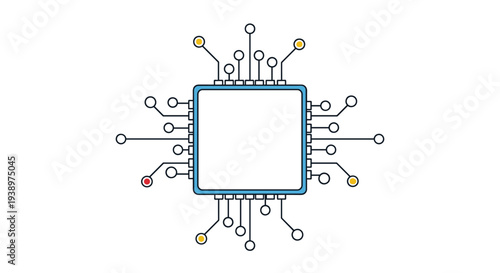 Technical illustration of a central processing unit chip with intricate circuit lines representing technology hardware and computer data.