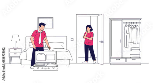A man packs his suitcase on a bed for a business trip or departure while a woman watches from the bedroom doorway.