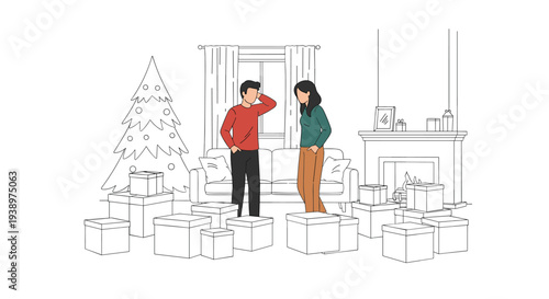 A stressed couple stands in their living room surrounded by an overwhelming number of Christmas presents, looking worried about holiday spending.