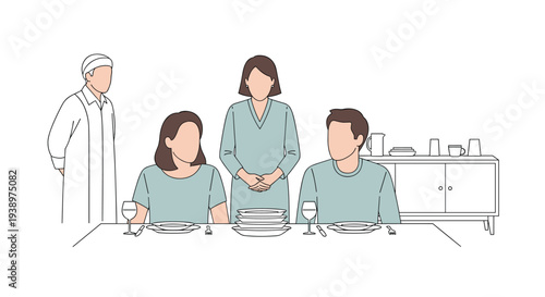 A young couple sits at a dinner table under the watchful eyes of an older woman and an older man in religious attire.