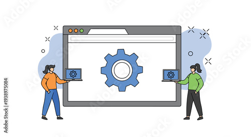 Web development concept showing two professionals with laptops and a large browser window containing a blue gear for system settings.