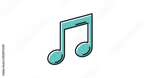 Isometric musical note icon in a teal color with black outlines representing melody sound music production and audio entertainment.