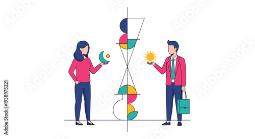 A businesswoman holding a moon and a businessman holding a sun stand on either side of a geometric hourglass, illustrating work-life balance.