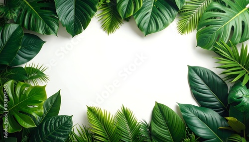 A border of lush green tropical foliage on a white background